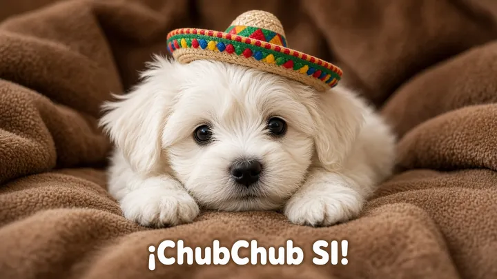 The fluffy white puppy in his tiny colorful sombrero, looking right at you