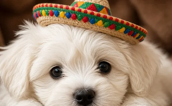 Close-up of the white puppy's face with big dark eyes and a tiny sombrero
