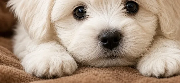 The white puppy's fluffy front paws resting on a soft brown blanket