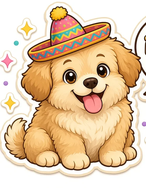 Cartoon golden puppy sitting happily in a pink sombrero with tongue out
